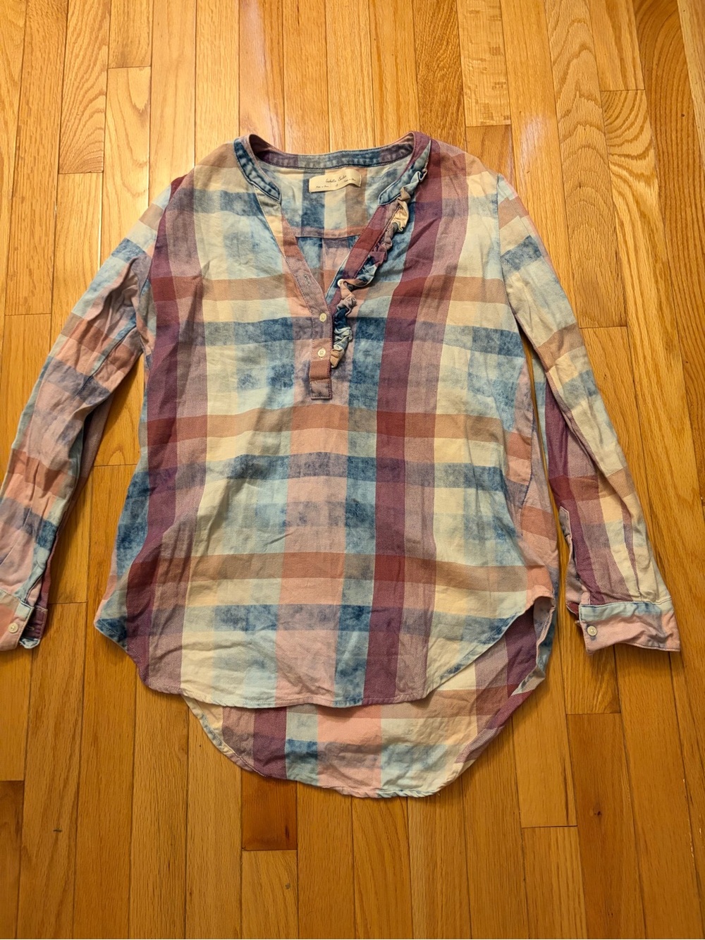 Lightweight Plaid Button-Down Tunic Shirt - Pastel Multi